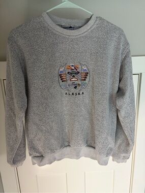Cozy Grey Crewneck Sweater with Alaska Embroidery